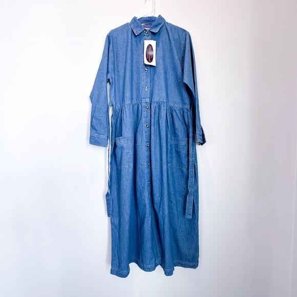Blue Diamond Dress Womens Large Blue Denim Button Front Belted Pockets Maxi - Picture 10 of 13